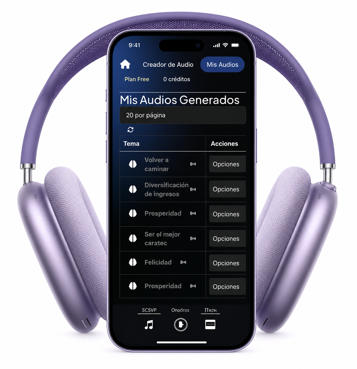 Teléfono con audífonos reproduciendo un audio personalizado